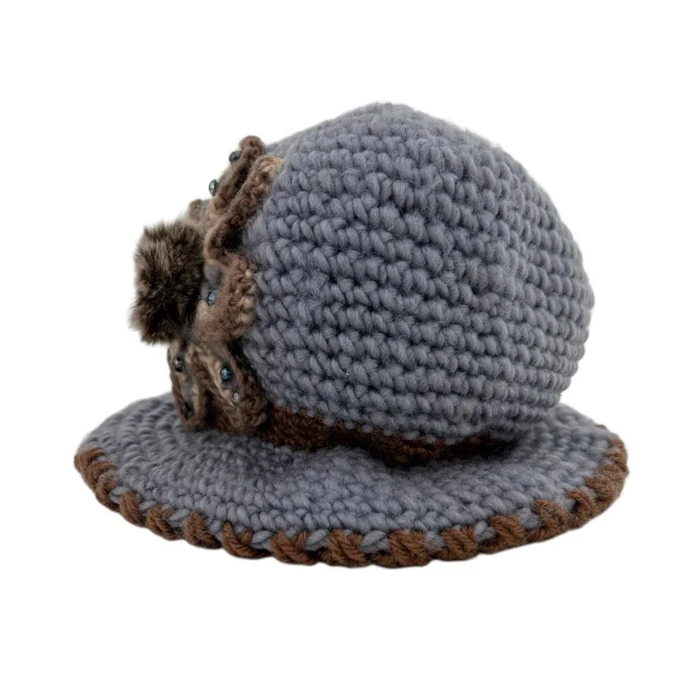 Vintage Inspired Cloche Crochet Knit Faux Fur Flower Beanie Bucket Hat